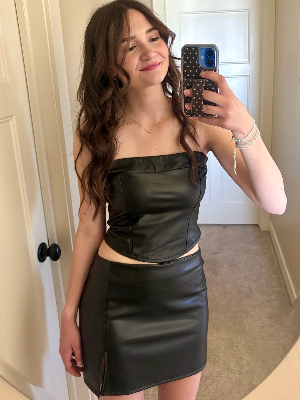 Altar'd State Black Faux Leather 2 Piece Set Strapless Tube Top & Mini Skirt
